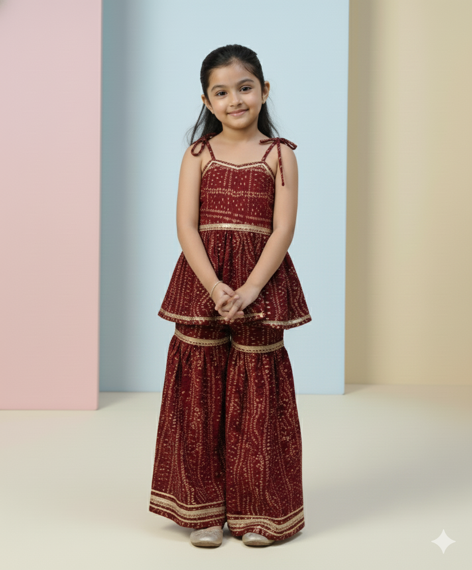 Maroon Bandhani Print Sharara Set