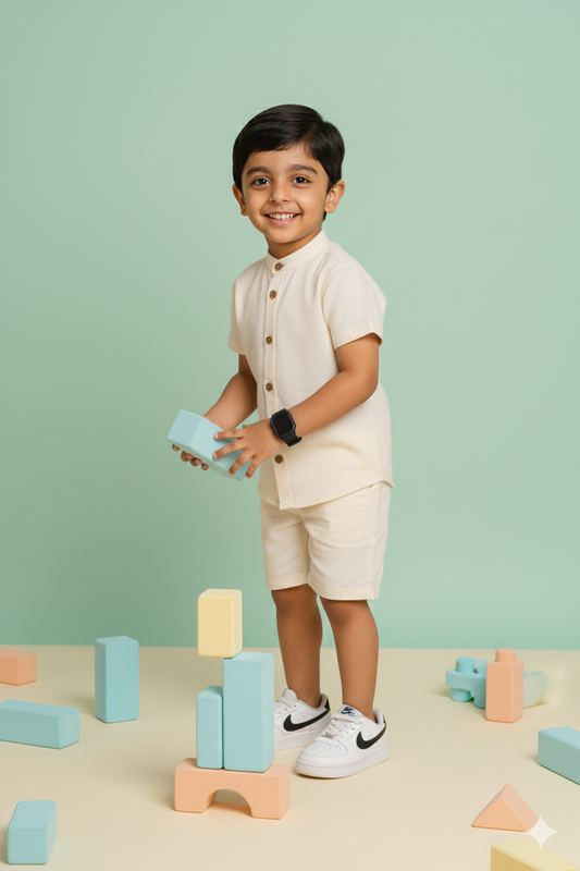 Ivory Charm 100% Cotton Flex Shirt Short Set