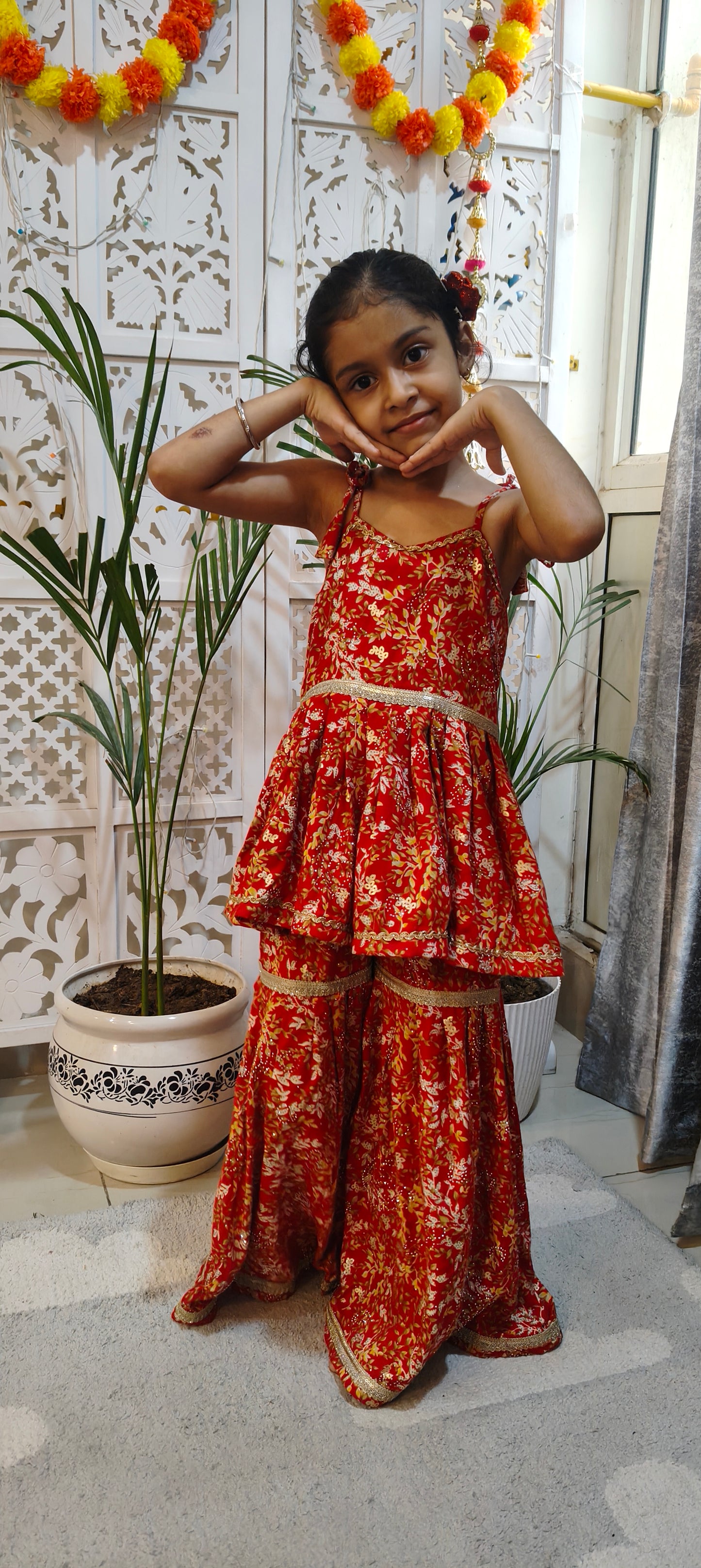 Cherry Red Floral Sharara Set