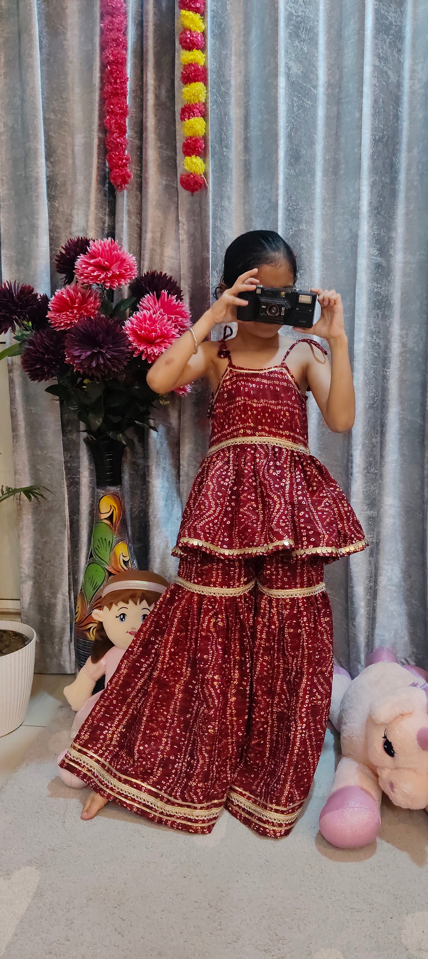 Maroon Bandhani Print Sharara Set