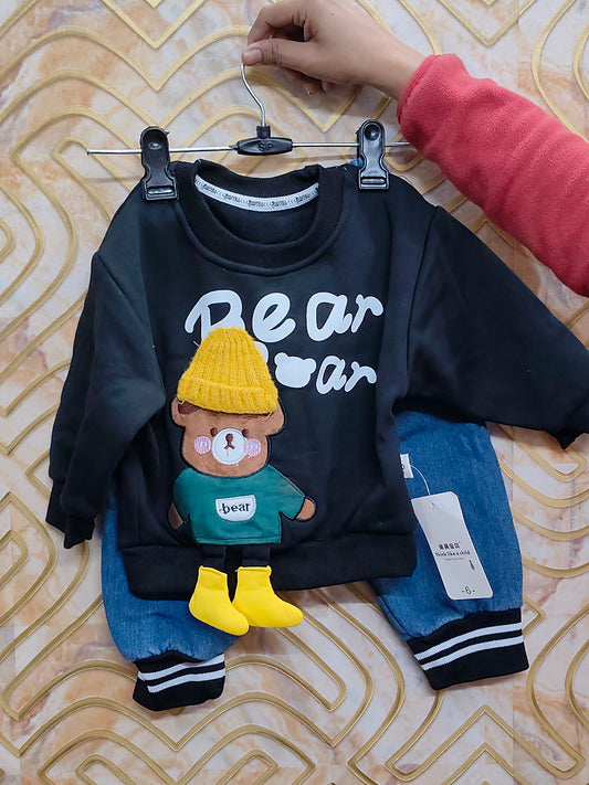 Cozy Black Bear Adventure Sweatshirt & Denim Jogger Set