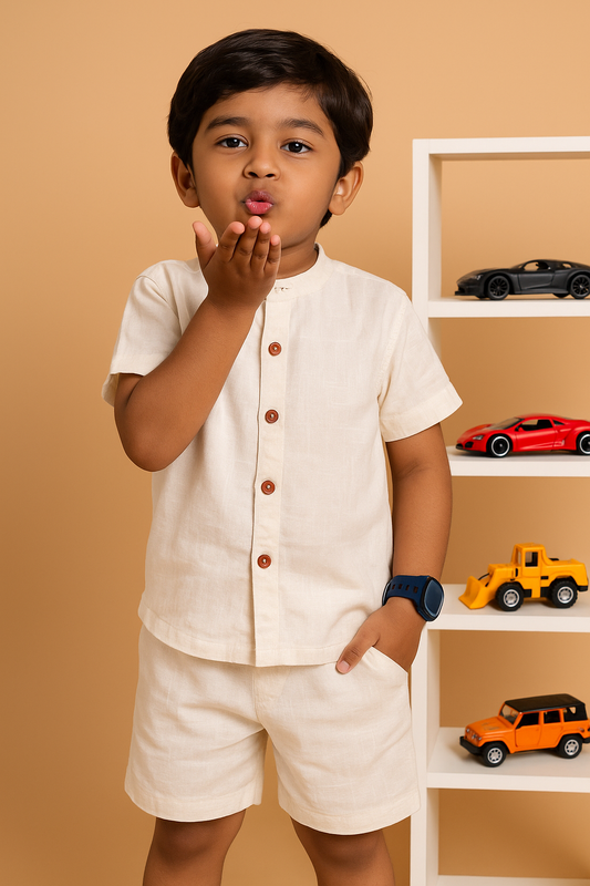 Ivory Charm 100% Cotton Flex Shirt Short Set