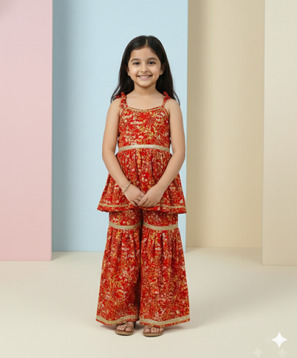 Cherry Red Floral Sharara Set