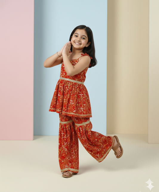 Cherry Red Floral Sharara Set