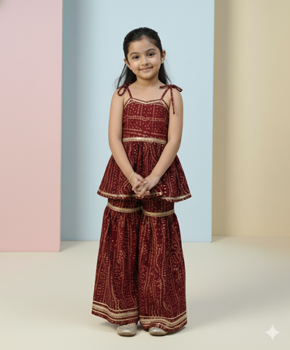 Maroon Bandhani Print Sharara Set