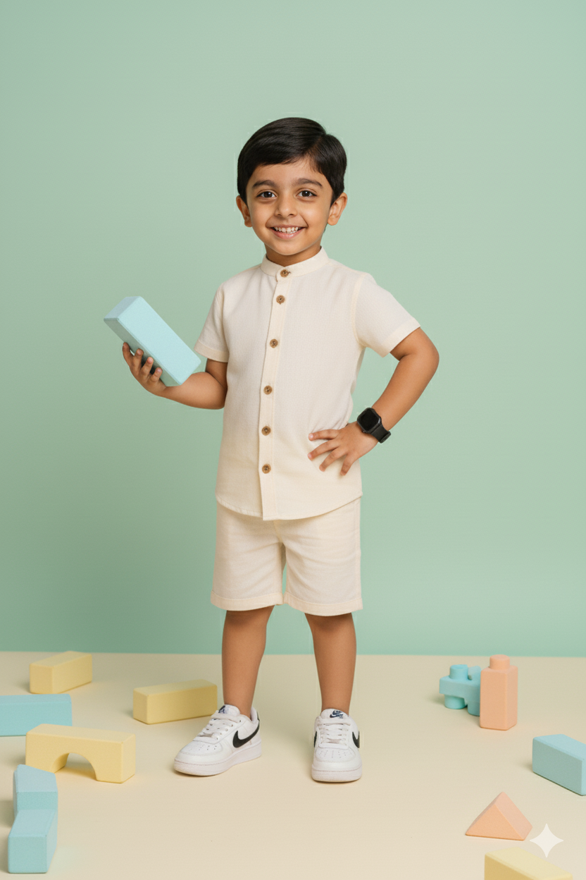 Ivory Charm 100% Cotton Flex Shirt Short Set