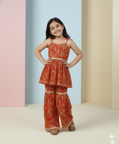 Cherry Red Floral Sharara Set