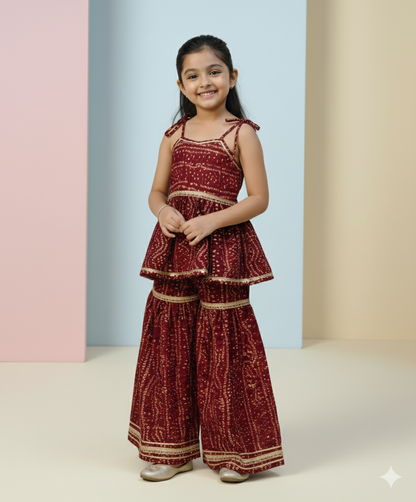 Maroon Bandhani Print Sharara Set