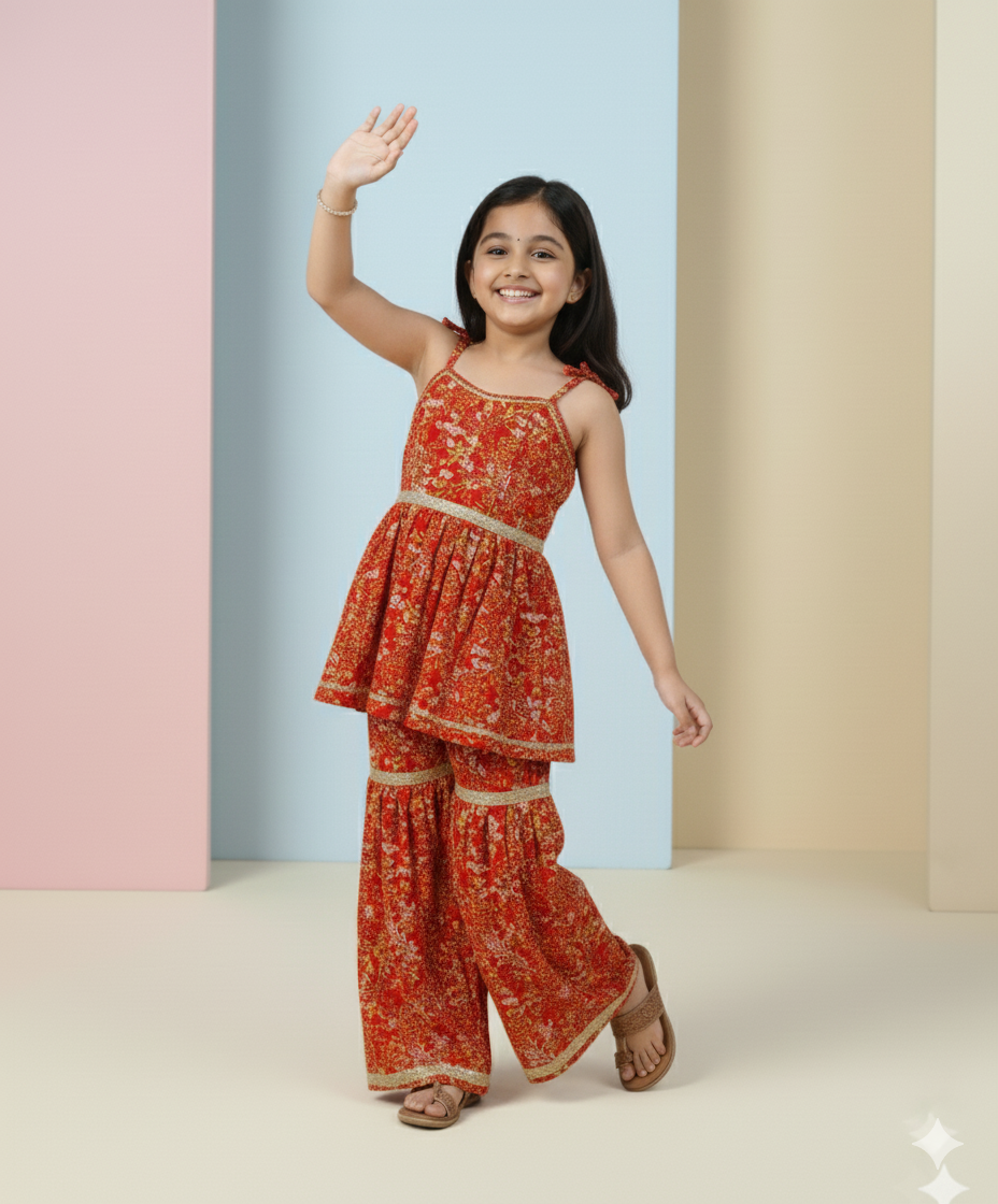 Cherry Red Floral Sharara Set