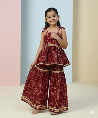 Maroon Bandhani Print Sharara Set