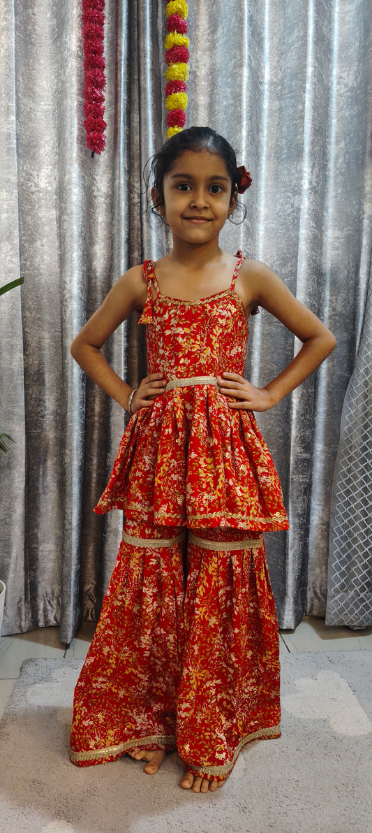Cherry Red Floral Sharara Set