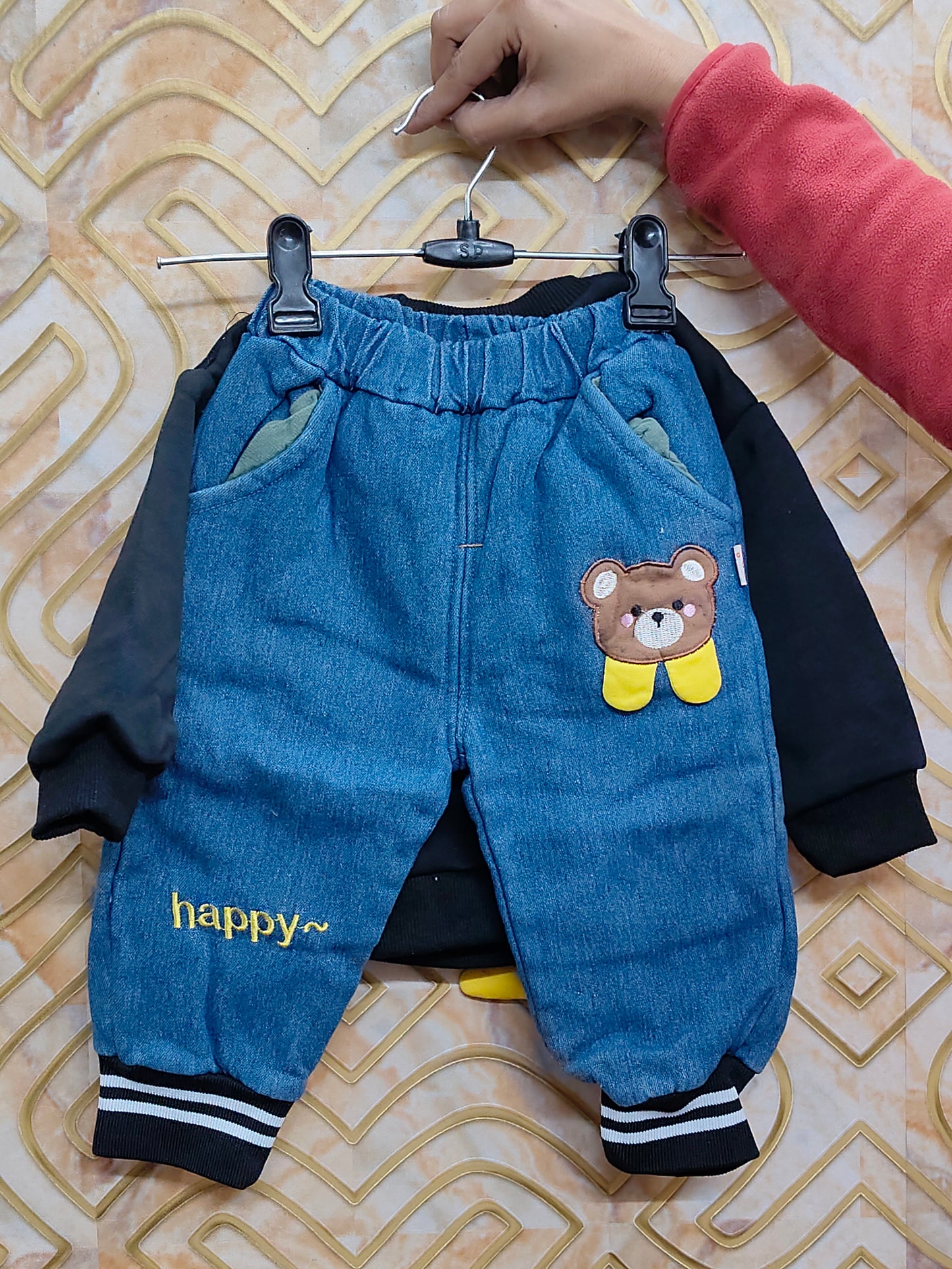 Cozy Black Bear Adventure Sweatshirt & Denim Jogger Set