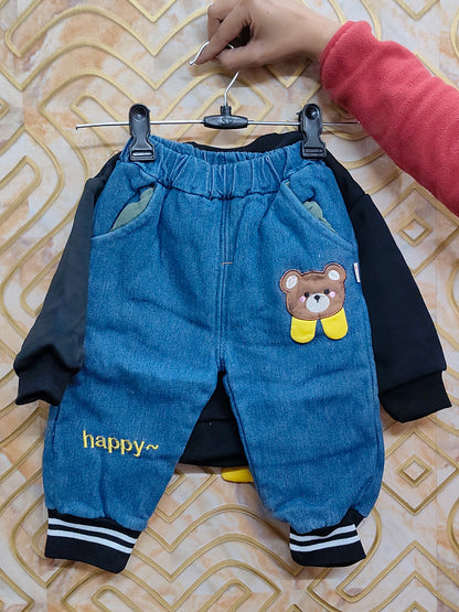 Cozy Black Bear Adventure Sweatshirt & Denim Jogger Set