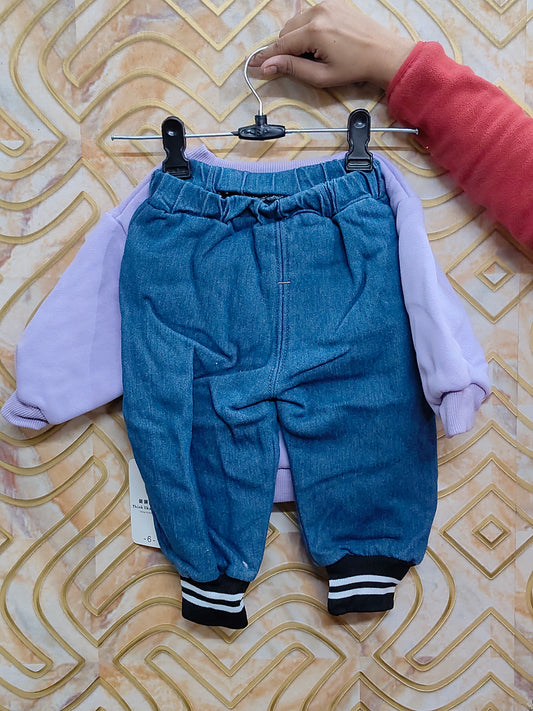 Cozy Lavender Bear Adventure Sweatshirt & Denim Jogger Set