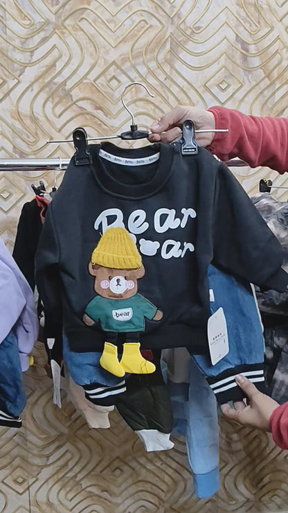 Cozy Black Bear Adventure Sweatshirt & Denim Jogger Set