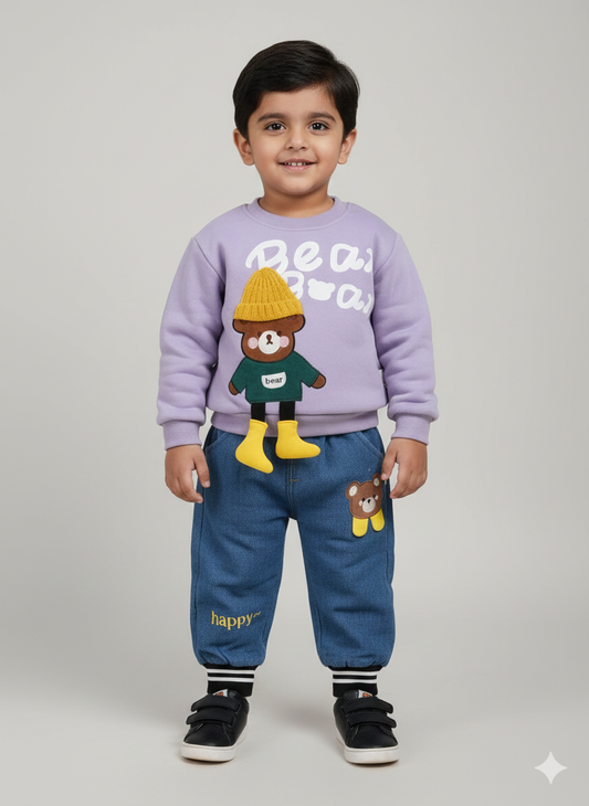 Unisex Cozy Lavender Bear Adventure Sweatshirt & Denim Jogger Set