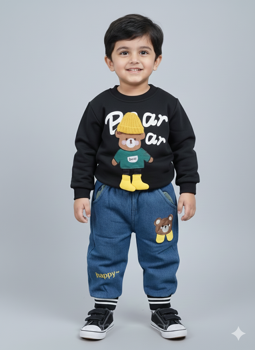 Cozy Black Bear Adventure Sweatshirt & Denim Jogger Set