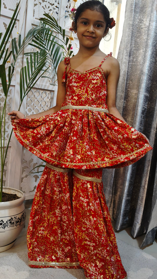 Cherry Red Floral Sharara Set