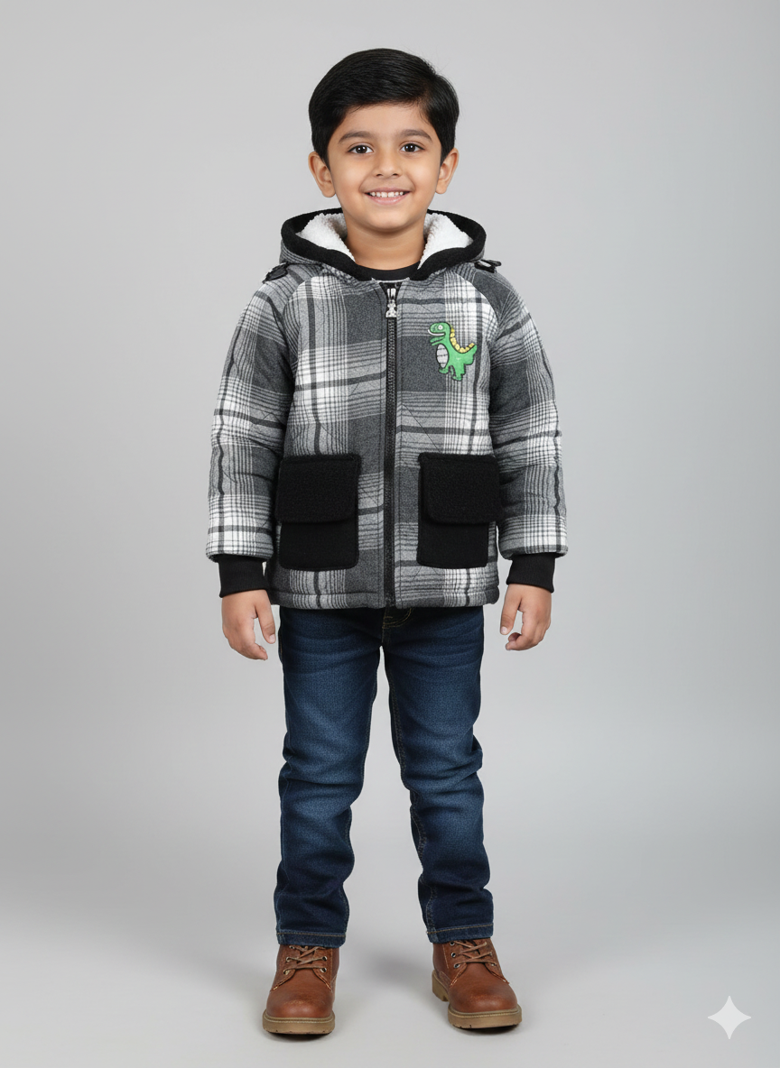 Unisex Dino Checkered Fleece-Lined Winter Jacket