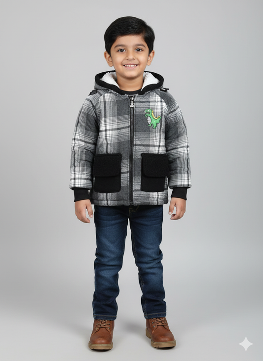 Unisex Dino Checkered Fleece-Lined Winter Jacket